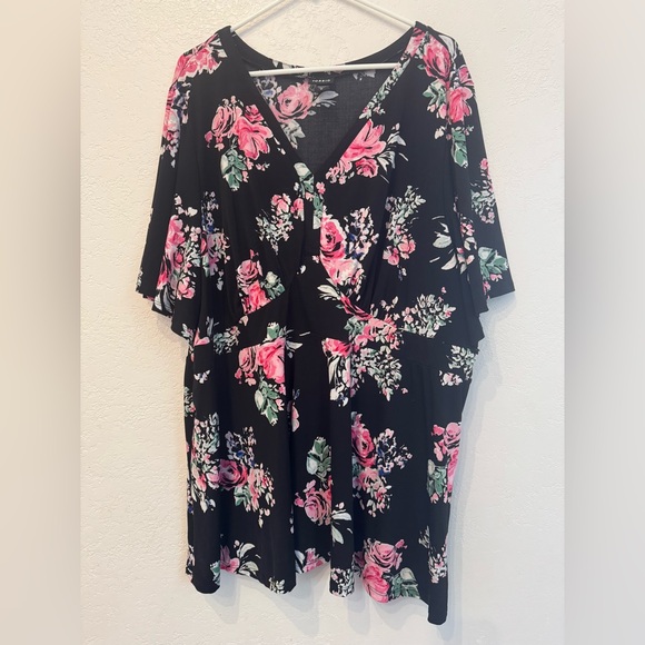 Torrid Blue and Pink Flutter Sleeve Wrap Tunic - Picture 1 of 16